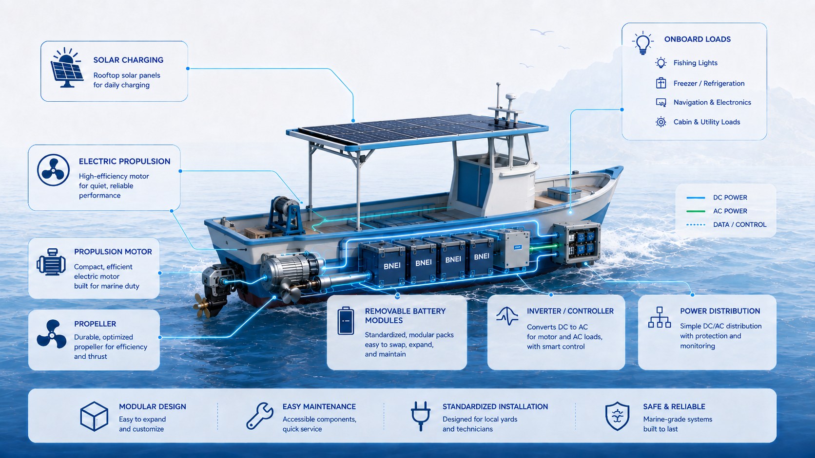 Modular electric system for small coastal fishing vessels